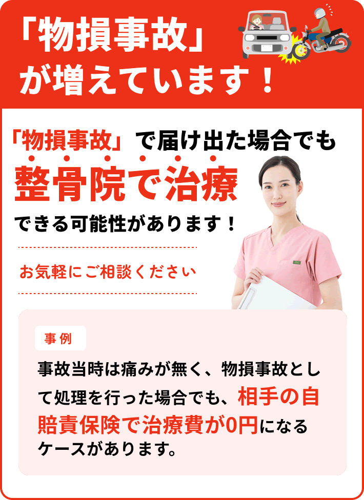「物損事故」が増えています！「物損事故」で届け出た場合でも整骨院で治療できる可能性があります！お気軽にご相談ください 事例 事故当時は痛みが無く、物損事故として処理を行った場合でも、相手の自賠責保険で治療費が0円になるケースがあります。
